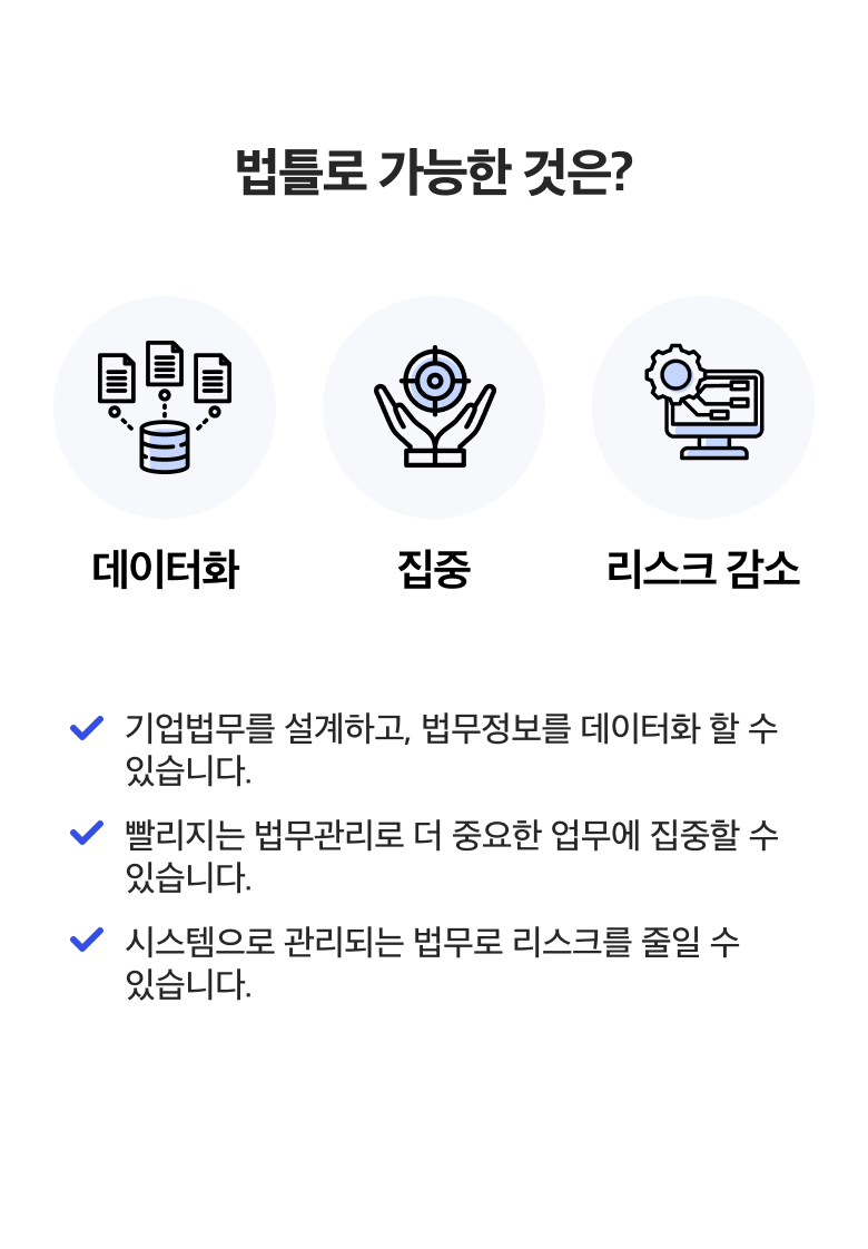 법틀로 가능한 것은? 데이터화, 집중, 리스크 감소, 기업법무를 설계하고, 법무정보를 데이터화 할 수 있습니다.